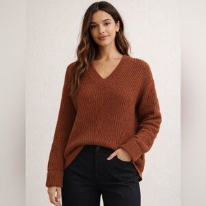 Nine West Rust Textured V-Neck Sweater | Cozy Fall Knit | Relaxed Fit- Large